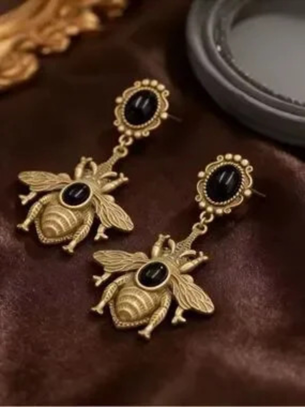 Vintage Gold Bee Drop Earrings with Black Stones